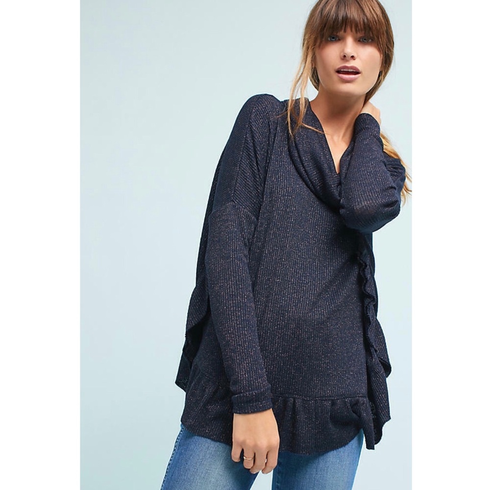 Anthropologie Postmark Orley Ribbed Sparkle Cowl Neck Sweater XS/S Navy Metallic